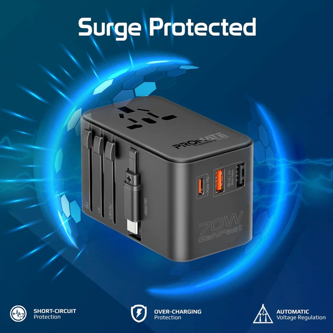 Promate 70W GaN Travel Adapter with Retractable Built-in USB-C Cable in Qatar Promate 70W GaN Travel Adapter with Retractable Built-in USB-C Cable in Qatar